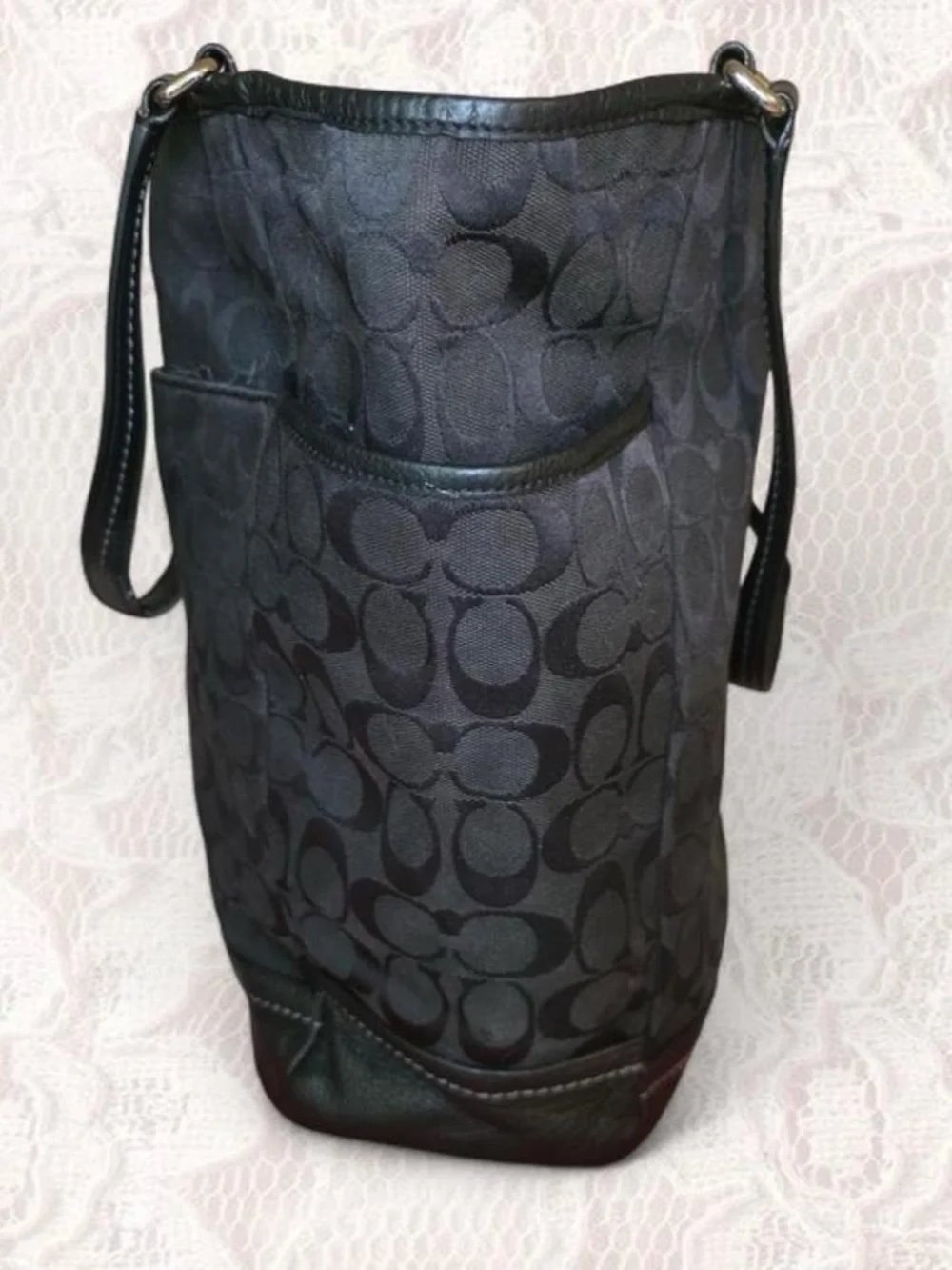 Coach Park Signature Carrie Jacquard Canvas Leather Tote Bag Black